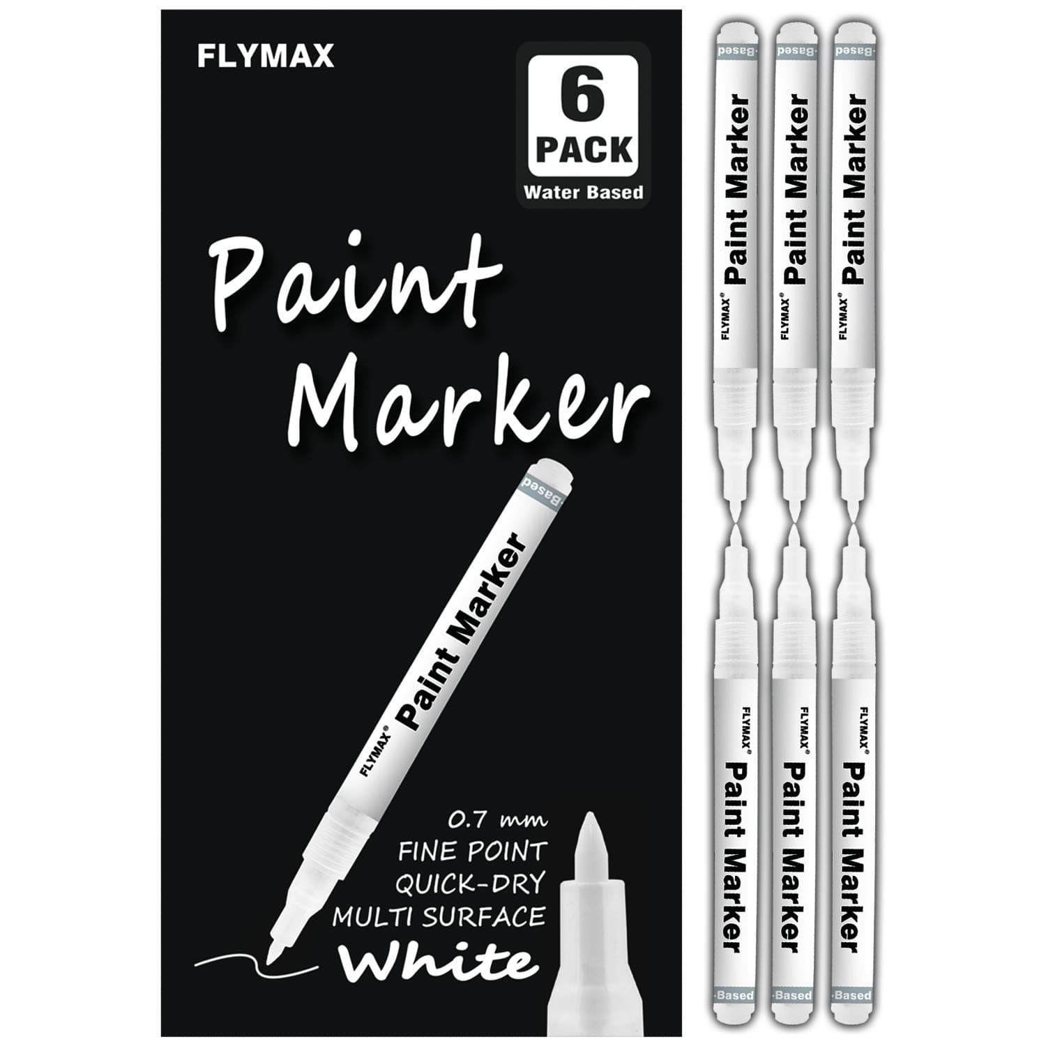 FLYMAX White Paint Pen, 6 Pack 0.7mm Acrylic Permanent Marker White Paint Pens for Wood Rock Plastic Leather Glass Stone Metal Canvas Ceramic Marker Extra Very Fine Point Opaque Ink