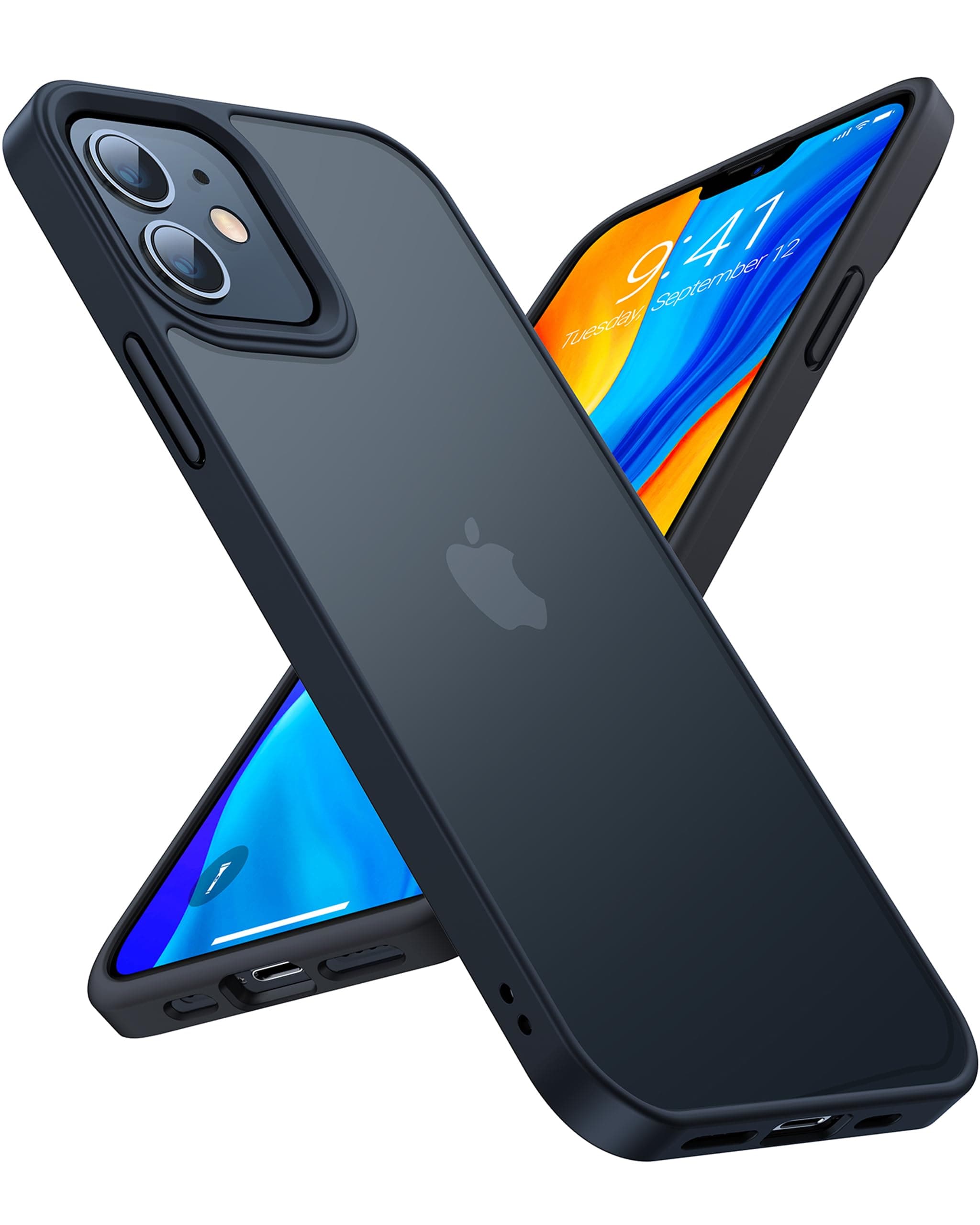 Military Shockproof for iPhone 12 Case/iPhone 12 Pro Case, Strong Protective yet Slim Thin Translucent Hard Back with Silicone Bumper Case Guardian Series-Black