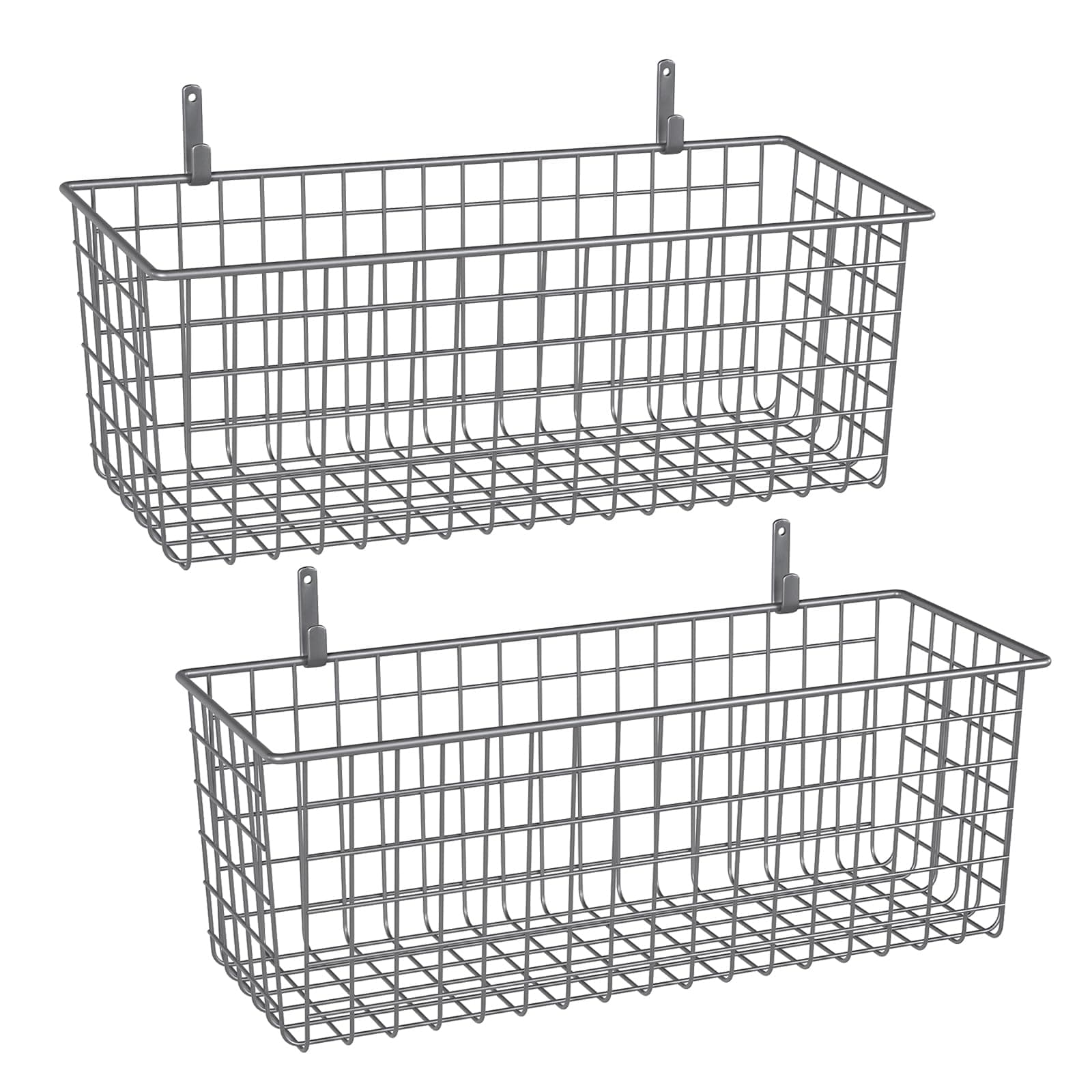 2 Sets Extra Large Hanging Wall Basket, Grey Metal Wire Baskets with Steel Hooks for Organizing, WallmountedFruit Vegetable Toy Snack Storage, Home Kitchen Bathroom Laundry Pantry Organizer