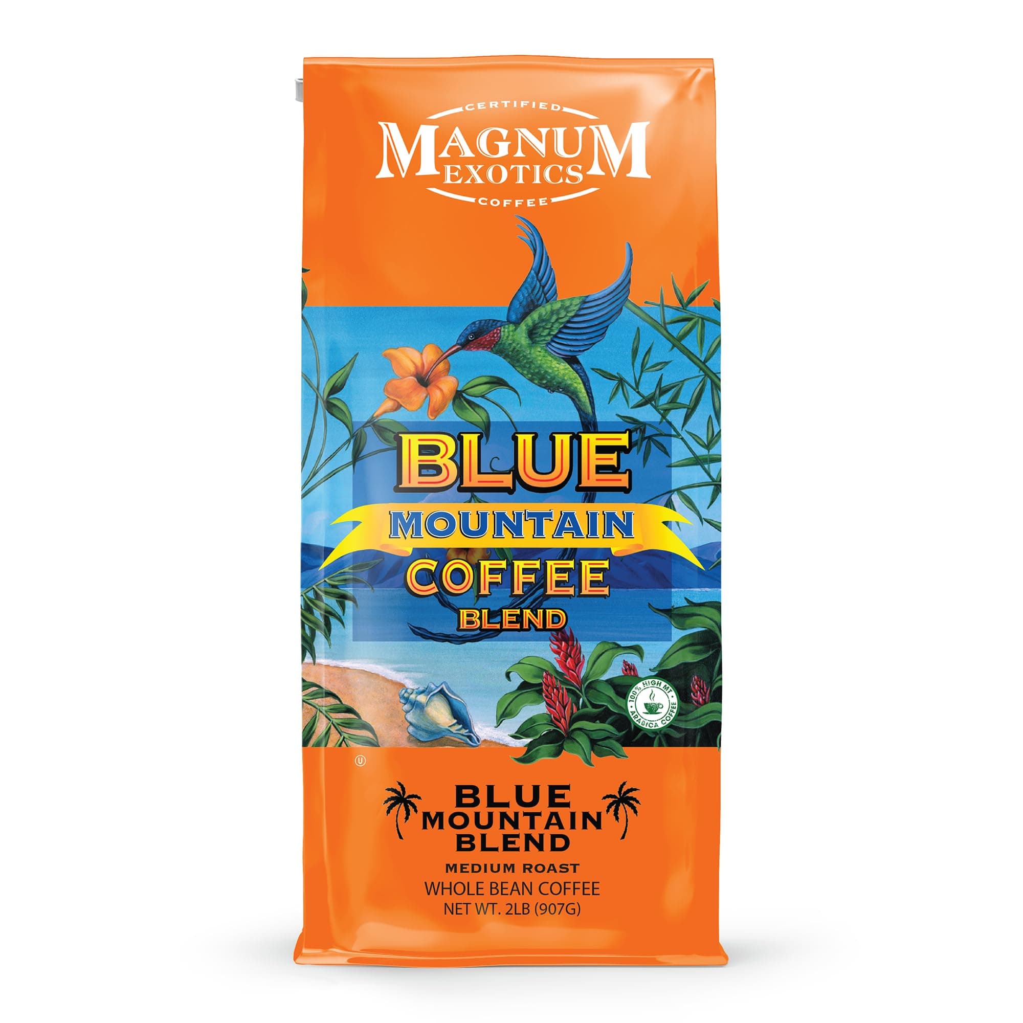 Magnum Exotics Coffee, Blue Mountain Blend - Whole Bean Coffee, Medium-Light Roast, Made from 100% Arabica Beans, Rich & Smooth Flavor, Fresh Roast - Blue Mountain Blend, 2 Lb (Pack of 1)