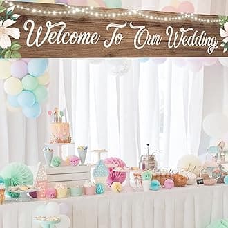 Meltelof Welcome to Our Wedding Large Banner, Welcome to Our Beginning Banner Rustic Wedding Reception Decorations, Indoor Outdoor Backdrop 8.9 x 1.6 Feet
