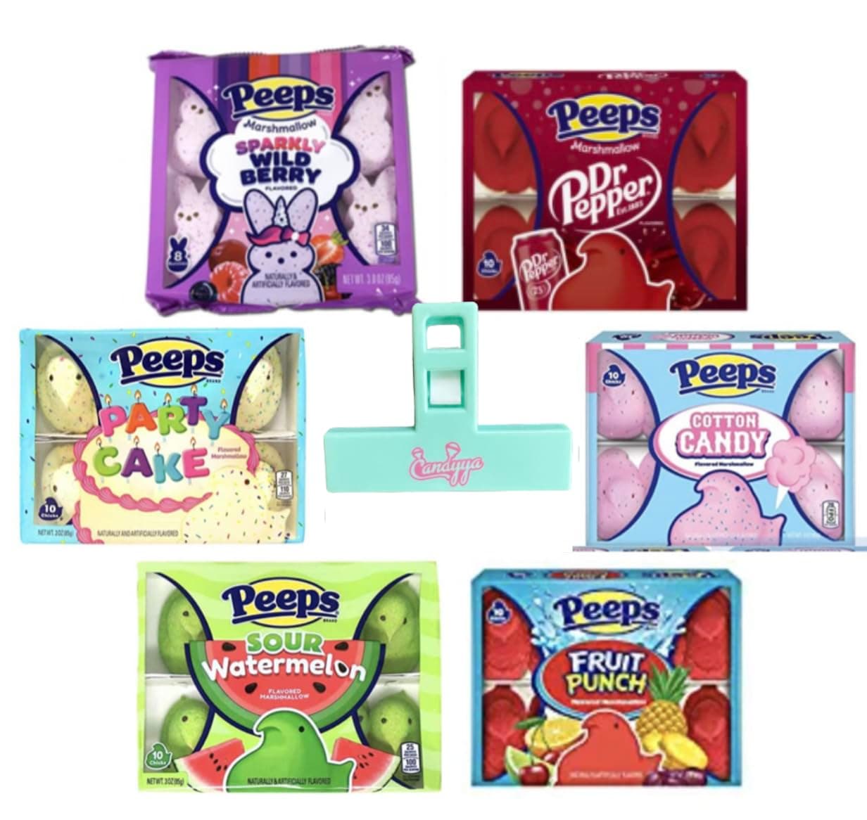 Easter Peeps Marshmallow Candy Variety Pack Cotton Candy, Party Cake, Dr Pepper, Fruit Punch, Sour Watermelon, Wildberry bundle with Candyya Clip Exclusive 6 pack