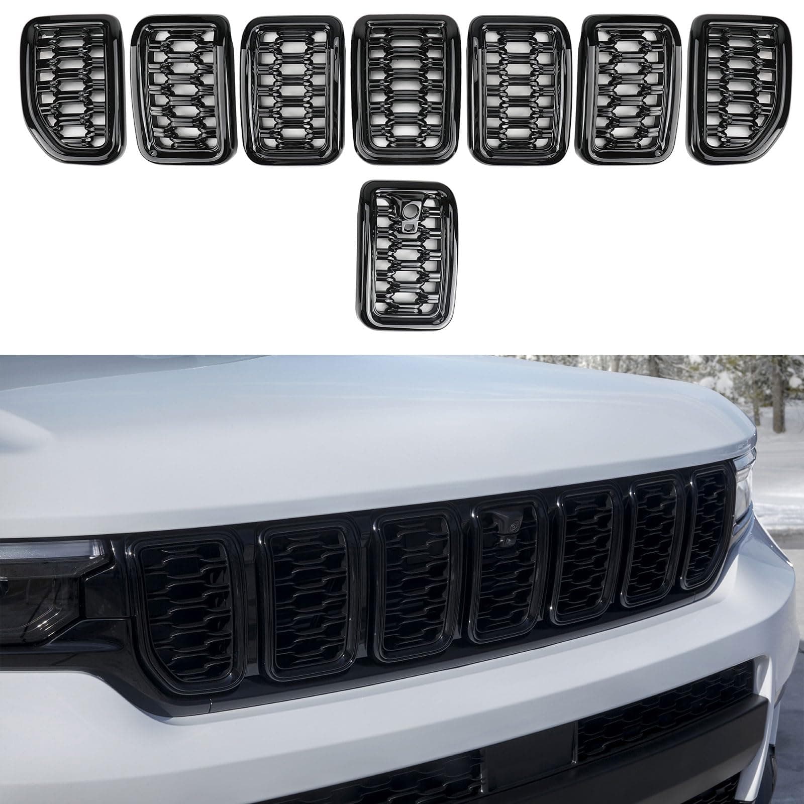 8PCS Glossy Black Honeycomb Mesh Front Grill Inserts Replace for 2022-2025 Jeep Grand Cherokee WL and 2021-2025 Grand Cherokee L Laredo/Altitude/Limited/4xe, Not for Others Model