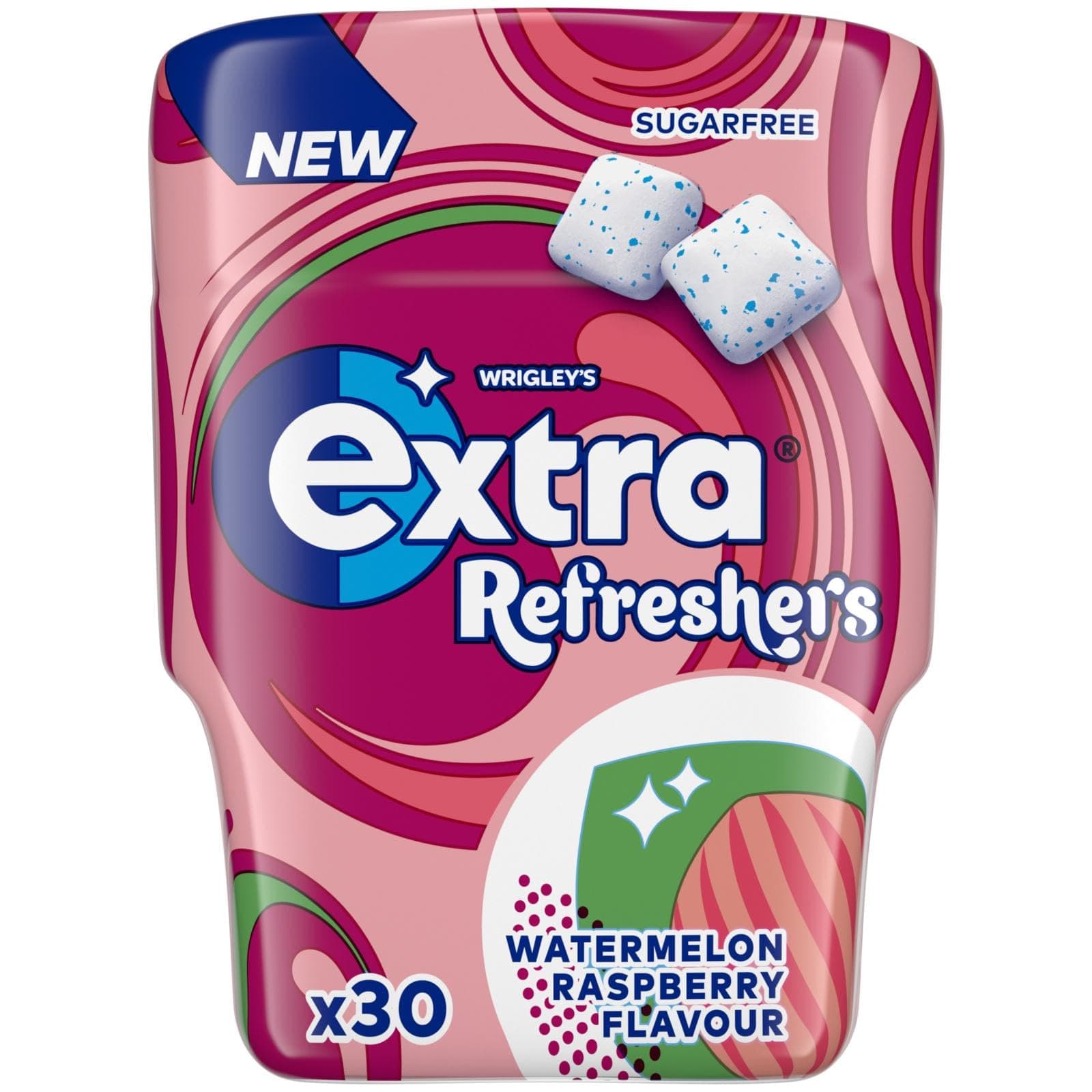 Extra Refreshers Watermelon Raspberry Flavour Sugarfree Chewing Gum, 30 Pieces. Intense, Long-lasting flavour