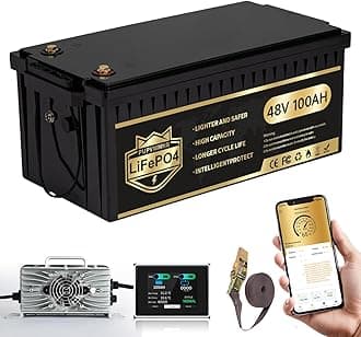 48V 100Ah Lithium Golf Cart Battery, Lifepo4 Battery with 58.4V 18A Charger, Built-in 200A BMS, LCD Monitor & Mobile APP,Peak Current 1000A .10.24kW Output, Perfect for Golf Carts, Solar