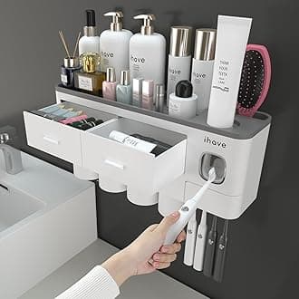 Toothbrush Holder for Bathroom, 4 Cups Toothbrush Holder Wall Mounted with Toothpaste Dispenser - Large Capacity Tray, 2 Cosmetic Drawer - Bathroom Storage & Organisation