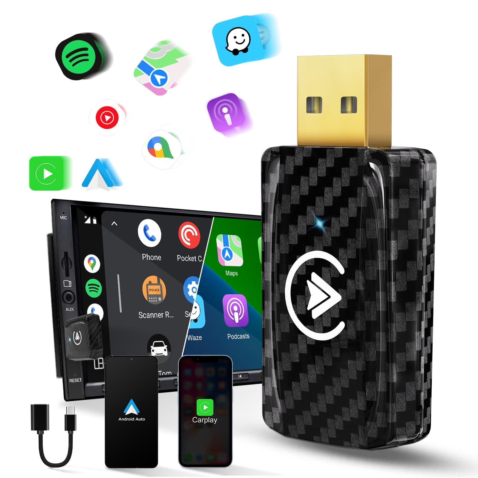 Wireless Carplay & Android Auto Adapter, 2-in-1 Wireless Dongle for OEM Car with iPhone iOS 12+/Android 11+