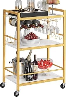 TUTOTAK Bar Cart - Serving Cart for Home - Microwave Cart, Drink Cart, Mobile Kitchen Shelf with Wine Rack and Glass Holder, Rolling Beverage Cart BC01BMG030
