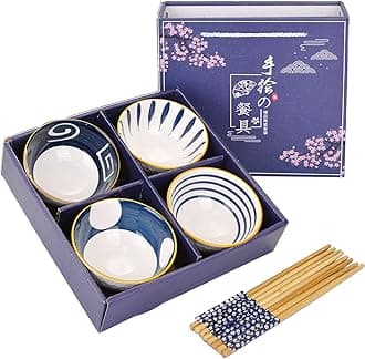 VanEnjoy Set of 4 Japanese Style Ceramic Rice Bowl with Chopsticks in Gift Box,Vintage Blue Hand Painted Pattern Bowls Set,Underglazed Dinnerware,For Dessert Snack Cereal Soup