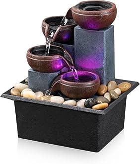 4 Tier Table Fountain - Small Relaxing Indoor Fountain - Meditation Fountain for Home, Office, Bedroom - Colorful LED Lighting and Natural Rocks