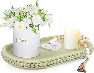 HPC Decor 15in Oval Tray for Home Decor - Green Wood Beaded Tray - Decorative Serving Tray,Rustic Farmhouse Wooden Trays for Vintage Centerpiece,Kitchen Counter,Living Room Decor,Coffee Table Decor.