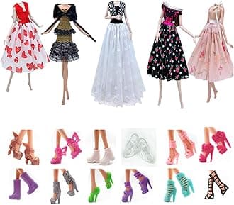 Fashion Doll Clothes Dress and Accessories 5 Sets Doll Dress Outfits + 12 Pairs Random Style Shoes for 11.5" Girl Dolls (Style D)