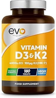 EVO NUTRITION Vitamin D3 4000iu & Vitamin K2 100ug (MK7) |180 Vegetarian Tablets | 1-A-Day | 6 Month Supply | High Strength D3 and K2 Vitamin | Vitamin D K2 Supplement | Made in The UK