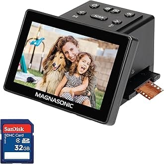 25MP Film Scanner with Large 5" Display & HDMI and 32GB SanDisk SD Card, Converts 35mm/126/110/Super 8 Film & 135/126/110 Slides into Digital Photos, Built-in Memory