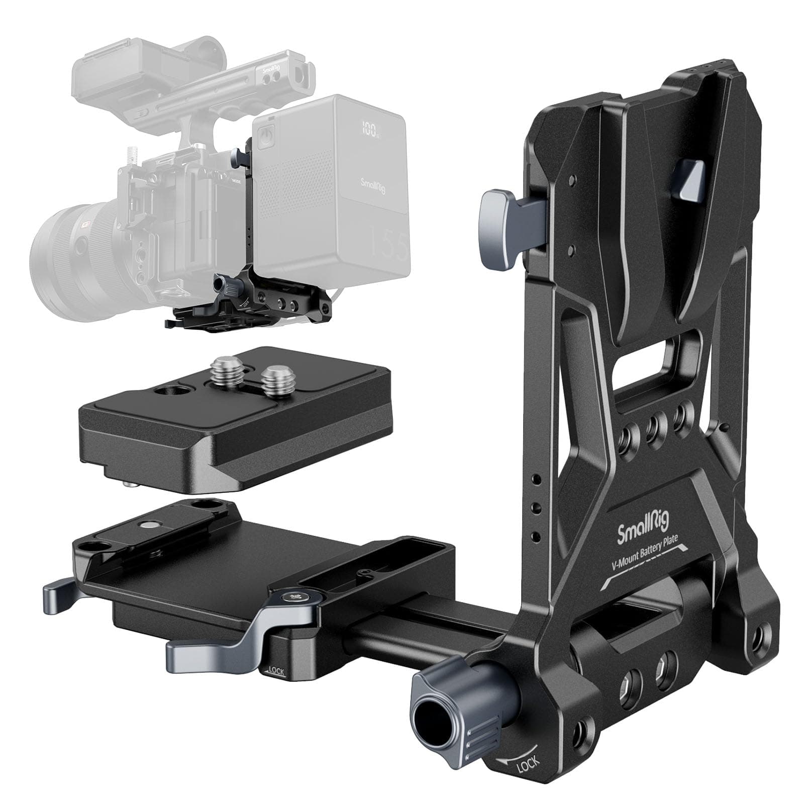 Foldable V Mount Battery Plate, Tool-Free, All-in One Mounting Solution for Mirrorless/DSLR Cameras, with Modular Plate for Arca, Compact Camera Video Rig, for NEEWER V Mount Battery PS099E
