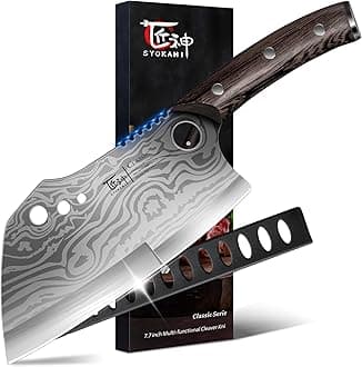 - Meat Cleaver Chef Knife with Sheath, 7.7 Inch Butcher Knife with Herb Stripper, Chopping Knife Heavy Duty Bone Cutting, Damascus Pattern Full Tang Wood Handle, Birthday Gift for Men