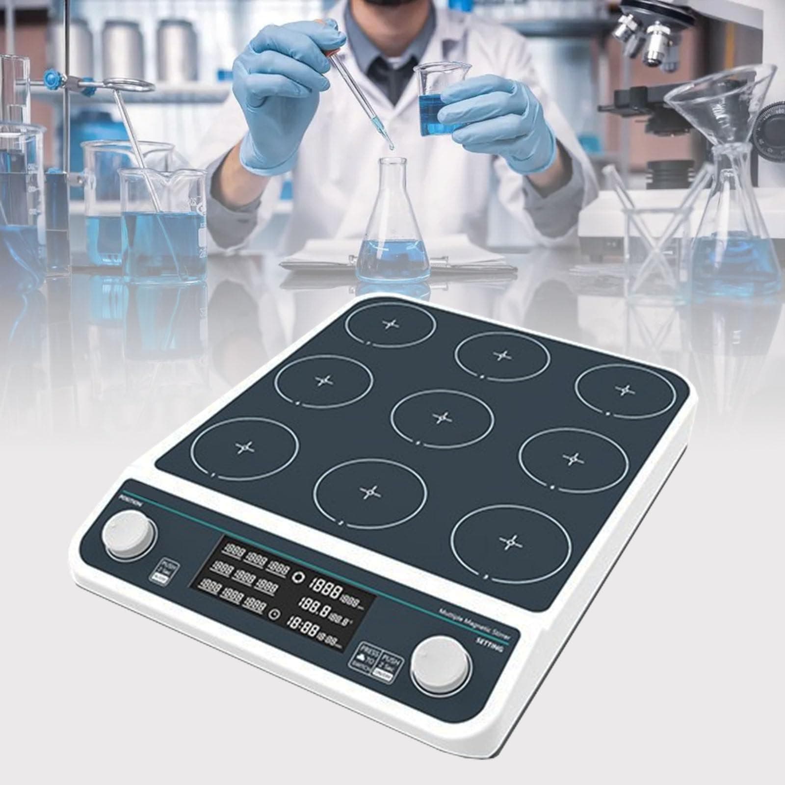 Lab Multi-Position Magnetic Stirrer - LED Display - Synchronous/Asynchronous Control, Speed(50-1500 RPM)/Time(1 Min - 19 H 59 Min) Adjustable,MMS9