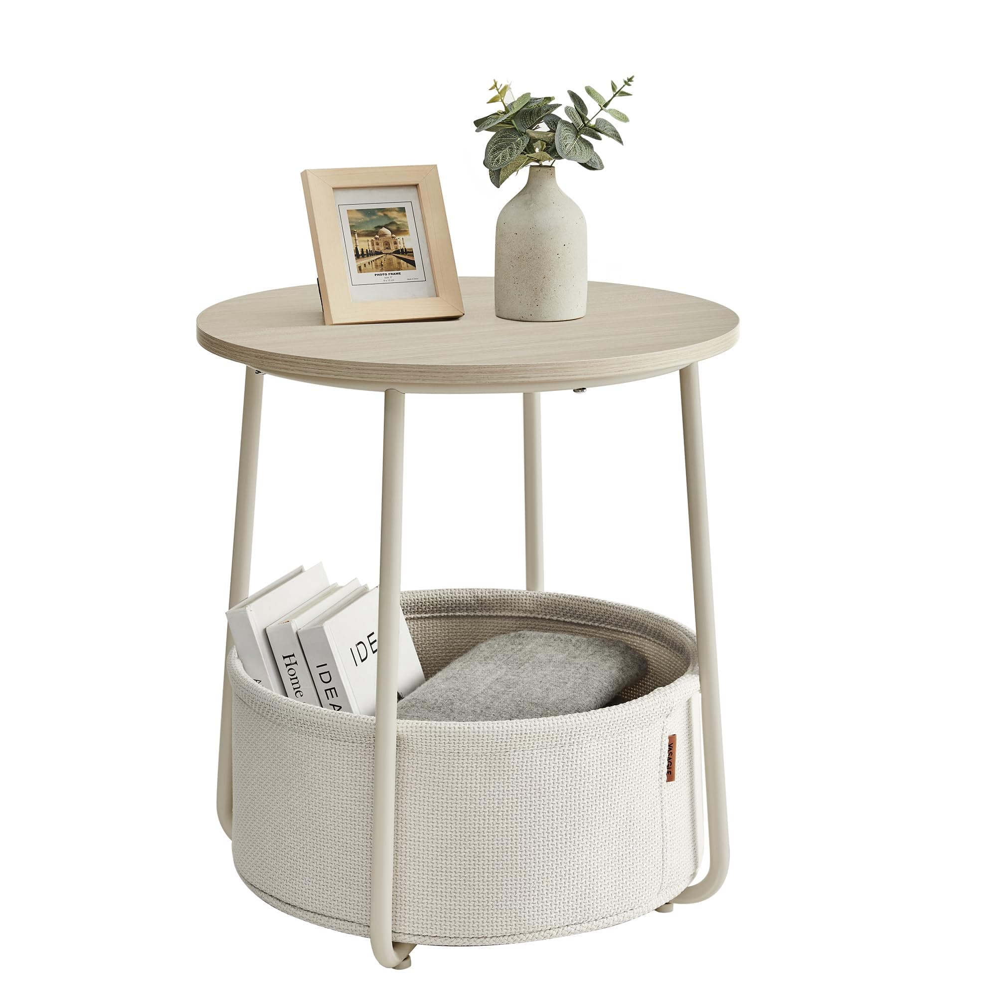 LILEA Collection - Small Round Side End Table, Modern Nightstand with Fabric Basket, Cream White ULET223K67