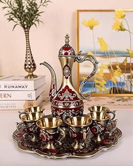 Vintage Turkish Tea Set with Tray and 6 Cups Coffee Pot Cups Set Wine Pot Set Decorative Tea Service Set for Home Party Decor (Retro Red)