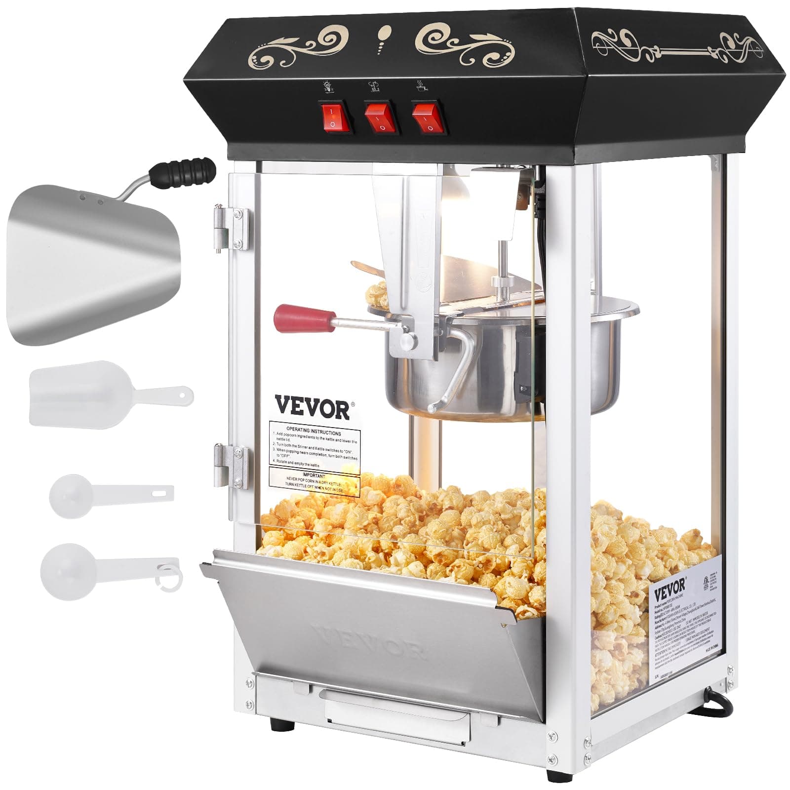 Popcorn Maker, 850W Popcorn Popper Machine, 8 Oz Kettle Makes 48 Cups per Batch, Countertop Popcorn Maker with Tempered Glass, Includes 4 Scoops, Movie Theater Style, Black
