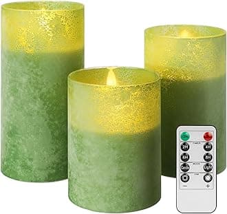 ANGELLOONG Green Flameless Candles with Remote, Glass Battery Operated LED Pillar Candles Flickering for St. Patrick's Day Christmas Home Decor, Set of 3