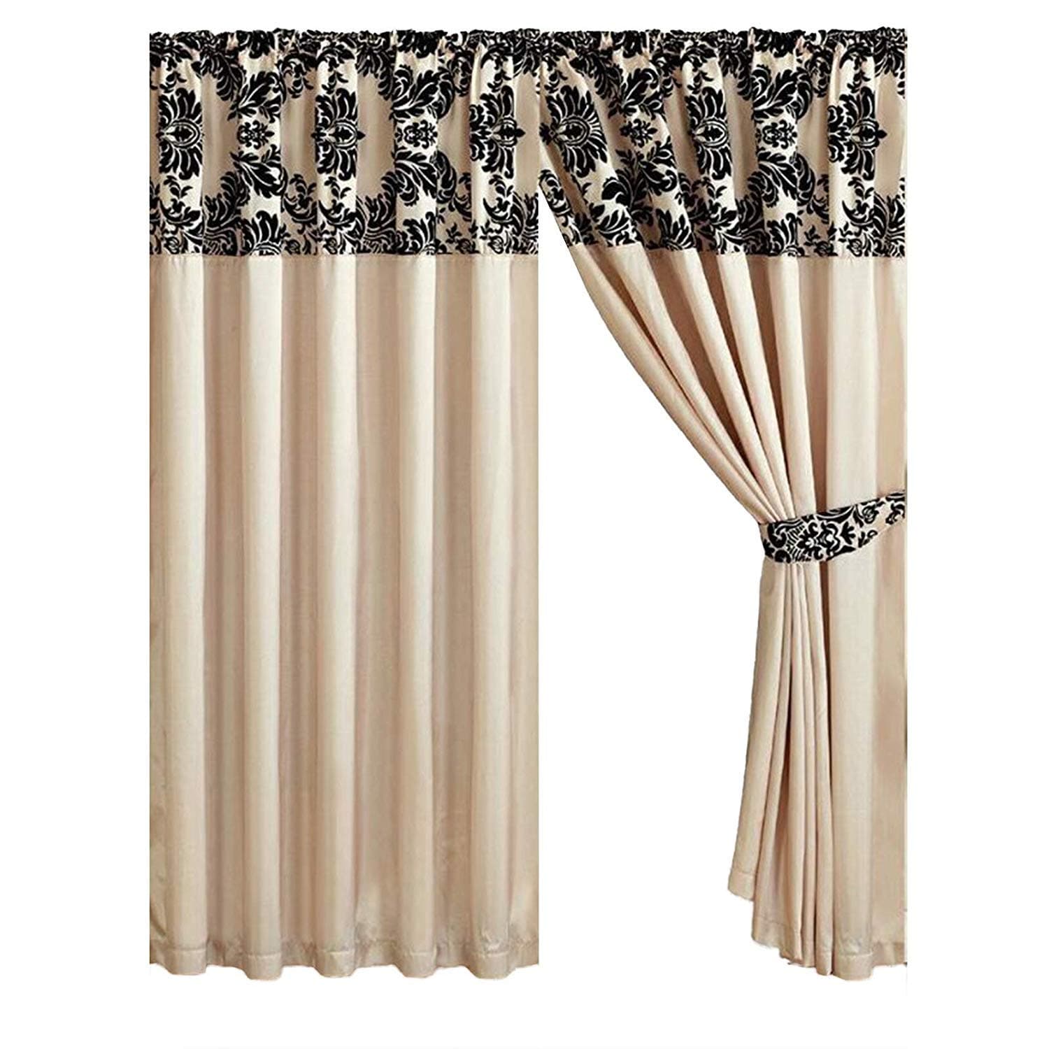 M Premier Half Flock With Plain Design Damask Pencil Pleat Curtains - Cream Black (66" X 72" (163cm X 183cm))
