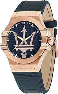 Maserati Men's Watch, Potenza Collection, Quartz Movement, Three Hands Version with Date, Stainless Steel, Rose Gold pvd and Leather Watch - R8851108027, Blue, Strap