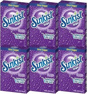 Sunkist Singles-To-Go Drink Mix, Grape, Non-Carbonated, Low-Calorie, Zero Sugar, 6 CT in each box (Pack of 6)