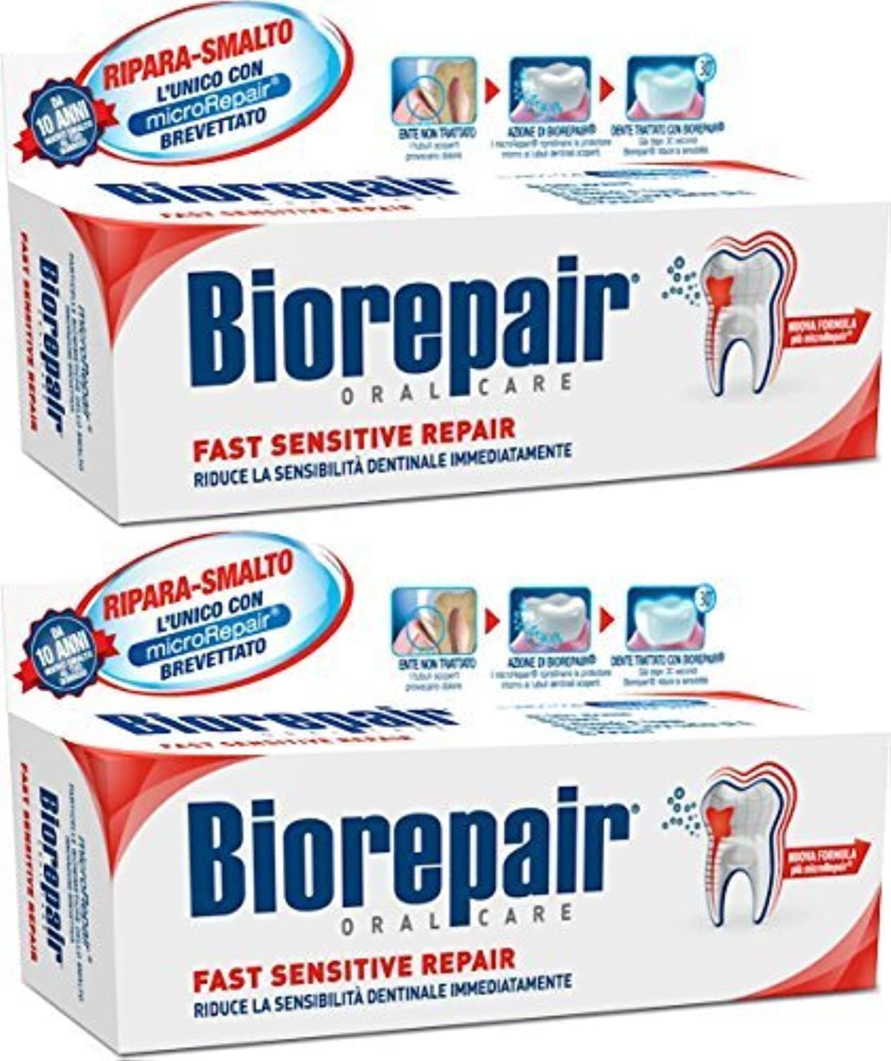Biorepair: Fast Sensitive Repair Toothpaste with microRepair, New Formula - 2.5 Fluid Ounce (75ml) Tubes (Pack of 2) [ Italian Import ]