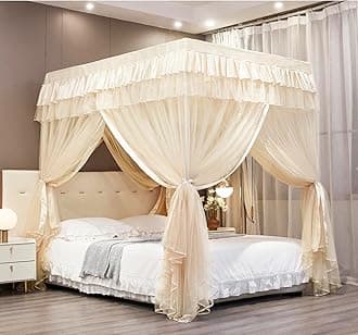 Mengersi Bed Canopy Curtains, Queen Size, Bed Canopy for Girls, Royal, Luxurious, Cozy, Girls' Room Decoration (Ivory, Queen Size)