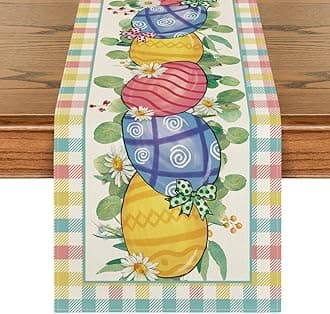 Artoid Mode Buffalo Plaid Daisy Egg Easter Table Runner, Seasonal Kitchen Dining Table Decoration for Indoor Home Party 13x72 Inch