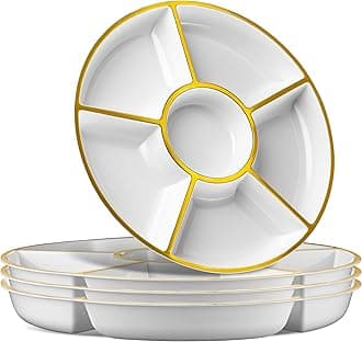 Plasticpro 6 Sectional Round Plastic Serving Tray/Platter (8, White & Gold)