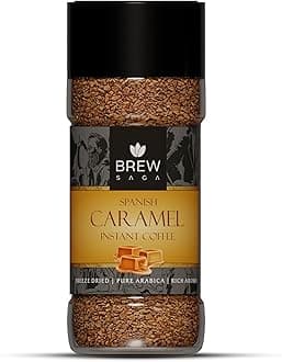 BREWSAGA Spanish Caramel Instant Coffee | 100% Arabica | Freeze-Dried | Flavoured Coffee | No Added Sugar | Flavored Coffee Powder For Both Hot & Cold Coffee | Makes 50 Cups | 100 grams