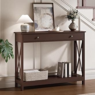 Espresso Console Table with Drawer and Storage Shelves, Foyer Sofa Table Narrow for Entryway, Living Room, Hallway