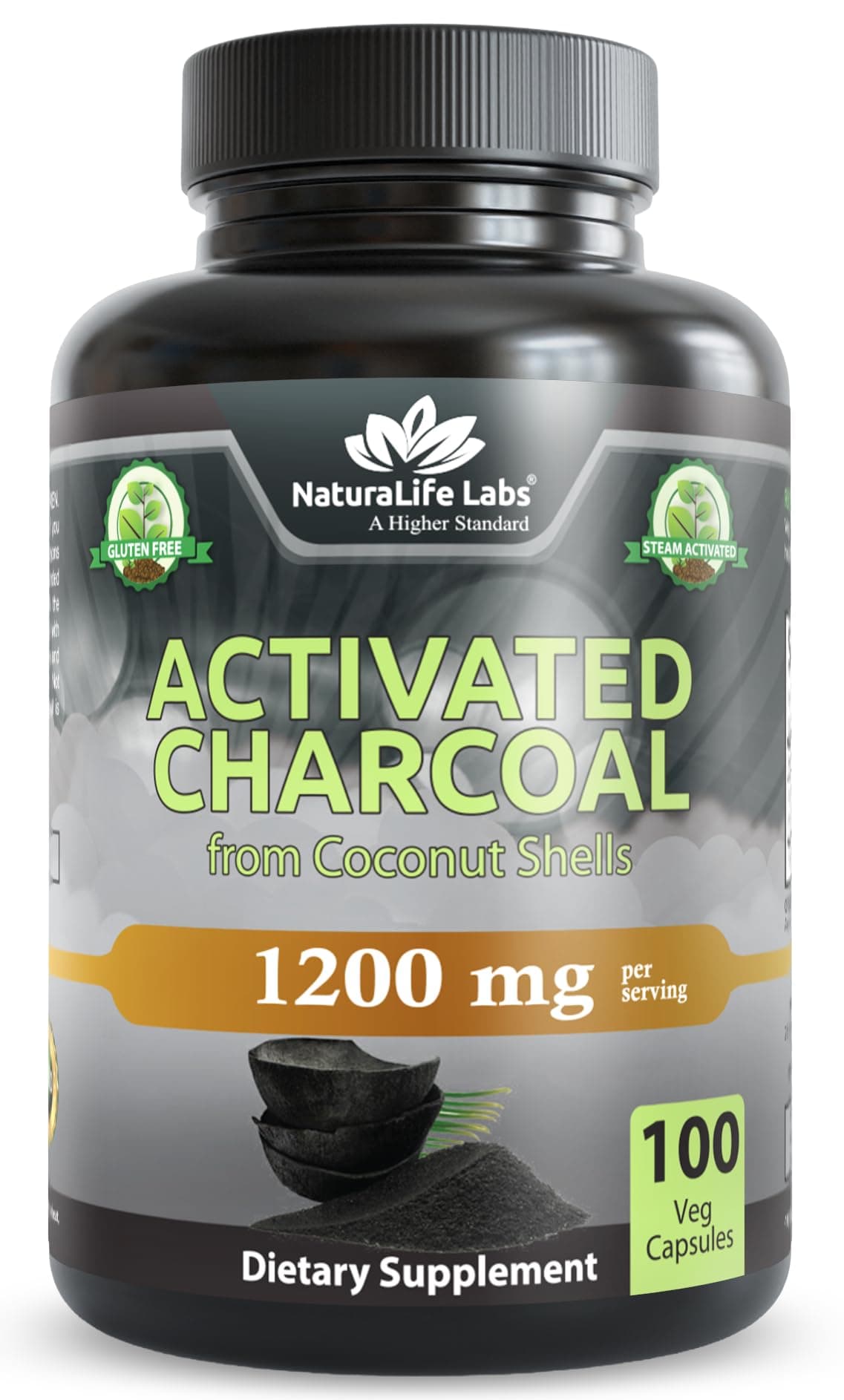 Activated Charcoal 1200 mg per Serving – from Coconut Shells – 100 Veg Capsules – Non-GMO, Gluten-Free, Vegan