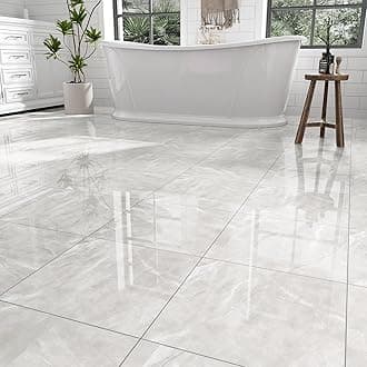 30-Pack Peel and Stick Floor Tiles Vinyl Floor 12 x 12 inch Self Adhesive Waterproof Glossy Flooring Planks DIY for Bathroom, Kitchen, Living Room, RV, Cover 30 Sq. Ft, Polish Light Grey Marble