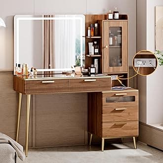 47.24" Big Modern Vanity Desk with Mirror and Lights, Vanity Desk with 29.53" HD Lighted Mirror, Makeup Vanity with 5 Drawers and Storage Shelves and Charging Station Walnut2