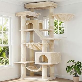 Heybly Cat Tree, 71-Inch-Tall Tower for Indoor Cats with 2 Perches, 2 Big Condos, 2 Hammocks, Basket, Scratching Pad, Large Cat Furniture and Condo, Beige HCT034M