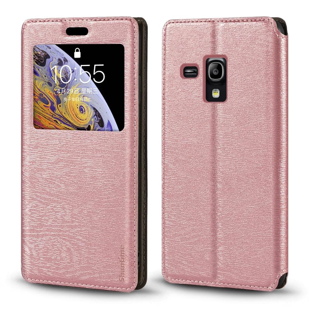 Viewable Window Leather Flip Case Compatible with Samsung Galaxy S3 Mini i8190, Elegant Design Clear Display Invisible Magnetic Cover and Card Slot(Rose Gold)