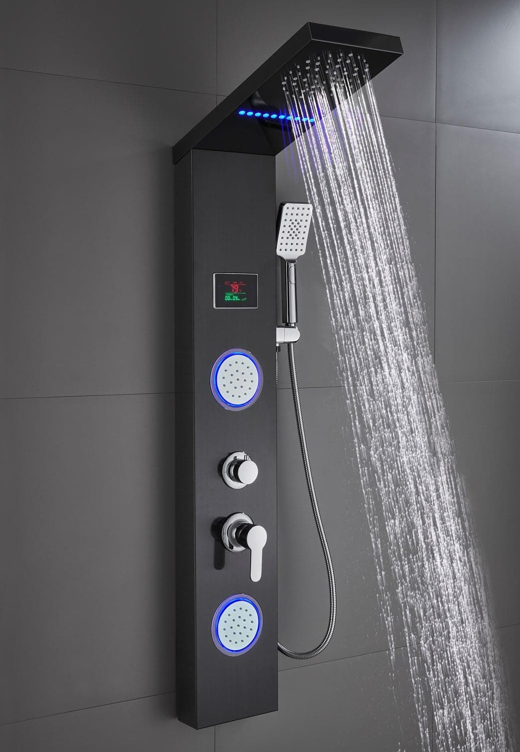 Shower Panel System Tower, LED Rainfall and Mist Head Rain Massage Stainless Steel Bathroom Fixtures with LED Body Jets, Brushed Black