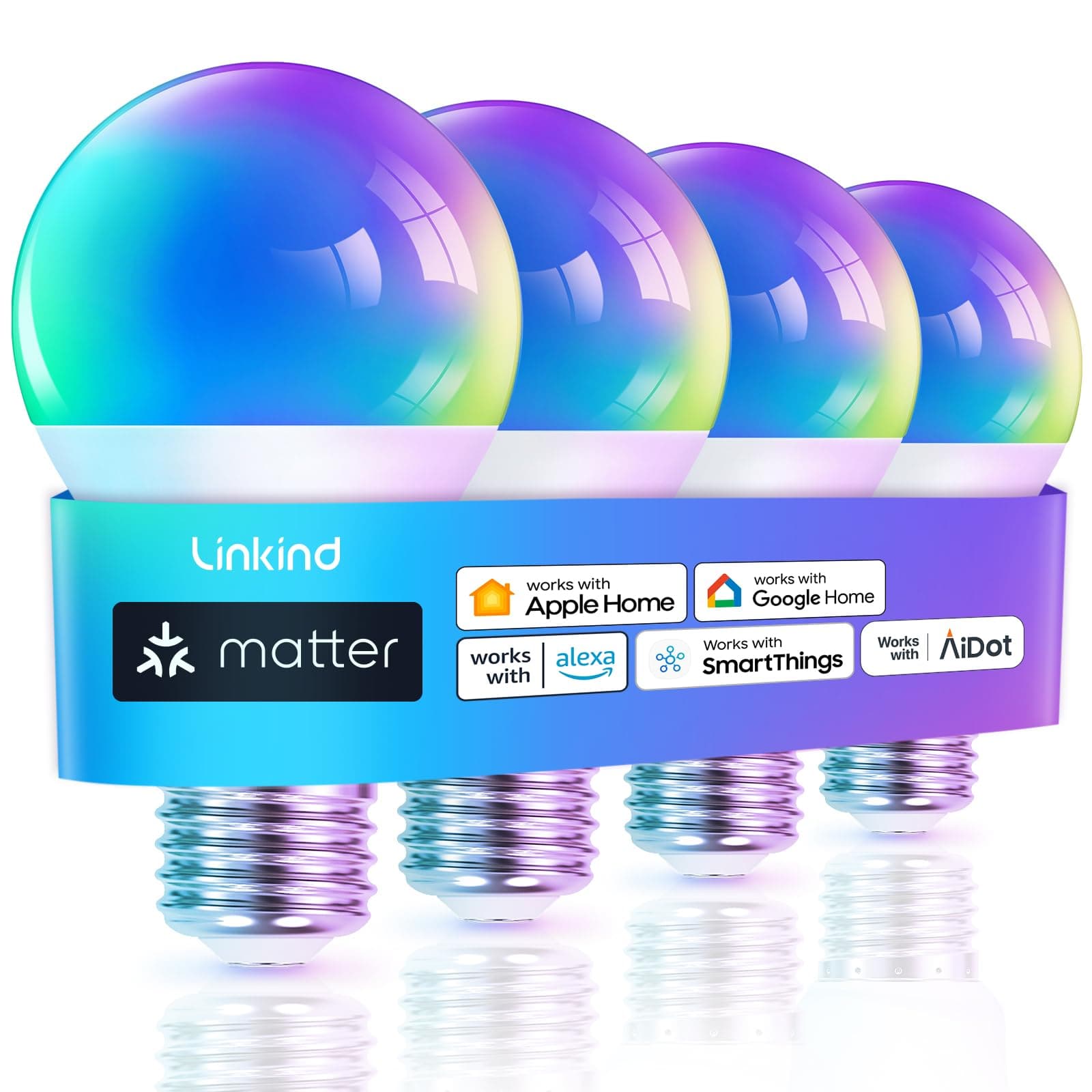 Linkind Matter Smart Bulb, E27 Wifi Smart LED Bulb, Multi-Color RGB & 1800K-6500K, Dimmable, Compatible with Alexa and Google Home, 9W Equivalent 60W, Voice Control, 4 PCS