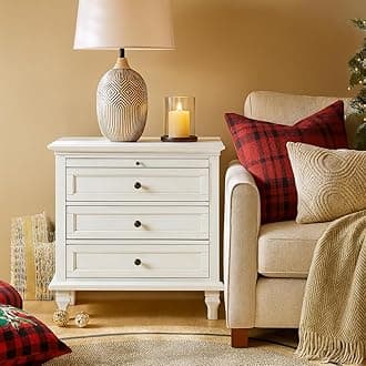 Farmhouse 3 Drawer End Table with Tray, Drawer Organizer with Solid Wood Legs, End Table with Charging Station（White）