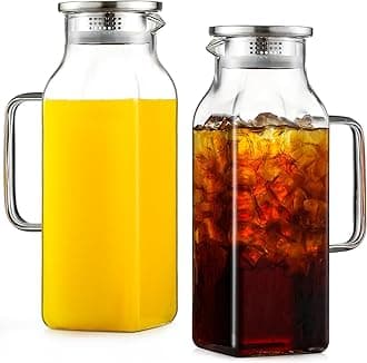 Netany 2 Pack 2.13 Liters/72 oz Square Glass Pitcher with Lid and Handle for Fridge, Iced Tea and Coffee Carafe Beverage Serveware, Heat Resistant Borosilicate Water Jug for Hot/Cold Drinks and Milk