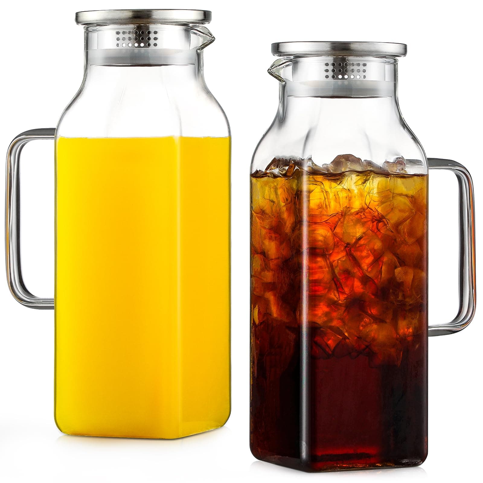 Netany 2 Pack 2.22 Liters/75 oz Square Glass Pitcher with Lid and Handle for Fridge, Iced Tea and Coffee Carafe Beverage Serveware, Heat Resistant Borosilicate Water Jug for Hot/Cold Drinks and Milk