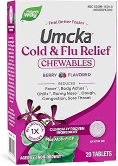 Nature’s Way Umcka Cold and Flu Relief Chewables, Non-Drowsy Multi-Symptom Relief, Homeopathic Cold Medicine & Remedy, Shortens & Reduces Severity of Colds, Berry-Flavored Cold & Flu Tablets, 20 Count