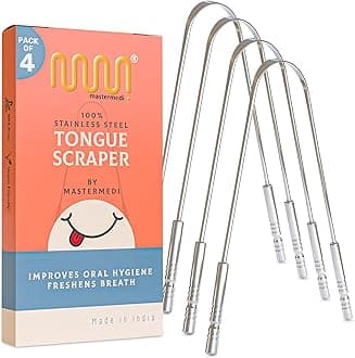 MasterMedi Tongue Cleaner Tongue Scraper Surgical Grade Stainless Steel Tongue Brush Dental Kit Professional Eliminate Bad Breath With Non-synthetic Grip (Family Pack (4 pcs)