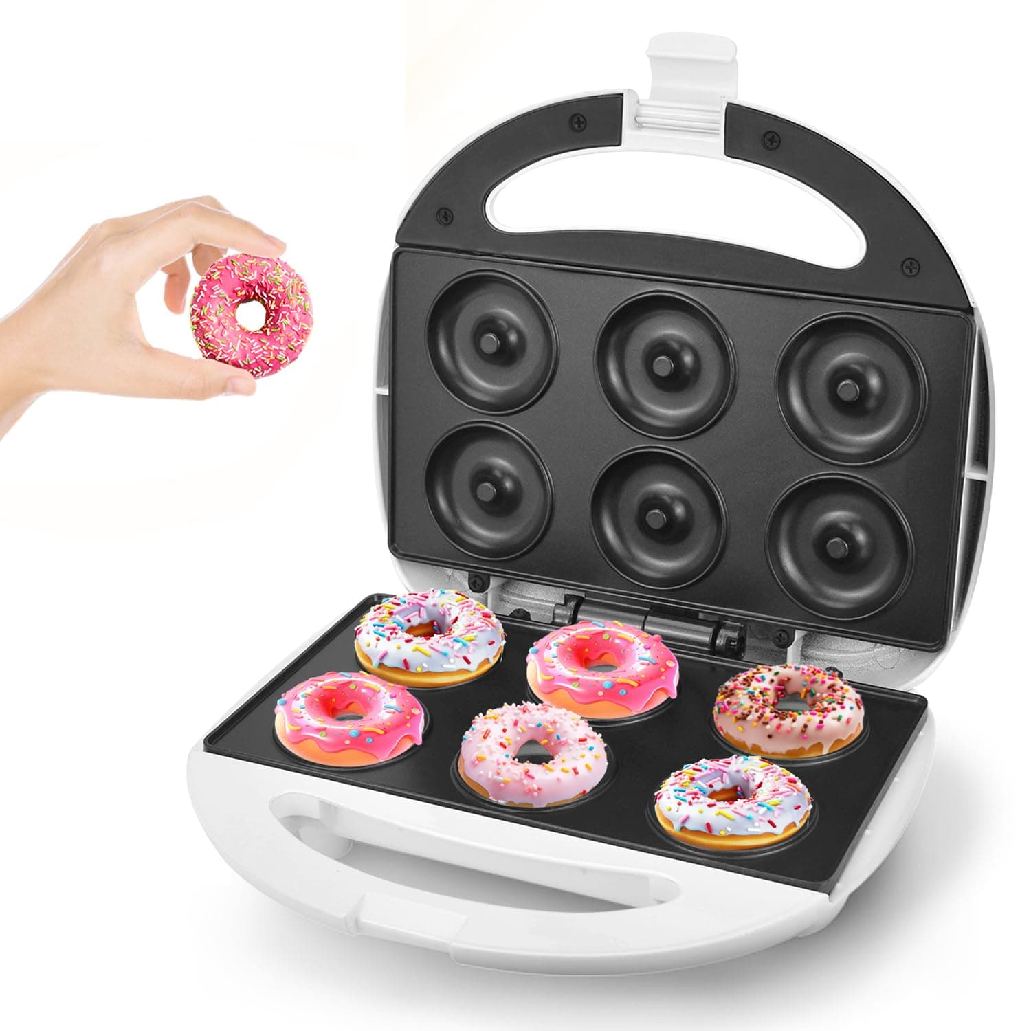 DSP Mini Donut Maker - Non-Stick, Cool Touch Electric Doughnut Machine for Mini Donuts - Perfect for Breakfast, Snacks & Desserts (White, 6 Donuts)