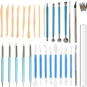 31pcs Polymer Clay Sculpting Tools Set, Air Dry Modeling Clay Roller Dotting Tool Kit Fondant Metal Cutters Silicone Embossing Pen Balls Stylus Rollin
