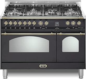 Lofra DolceVita Series 48 Inch Range Freestanding Dual Fuel Double Oven Stove, Cooktop 7 Sealed Brass Burners, Convection, 9 Cooking Modes, Knobs and Handrail In Brass, Matte Black