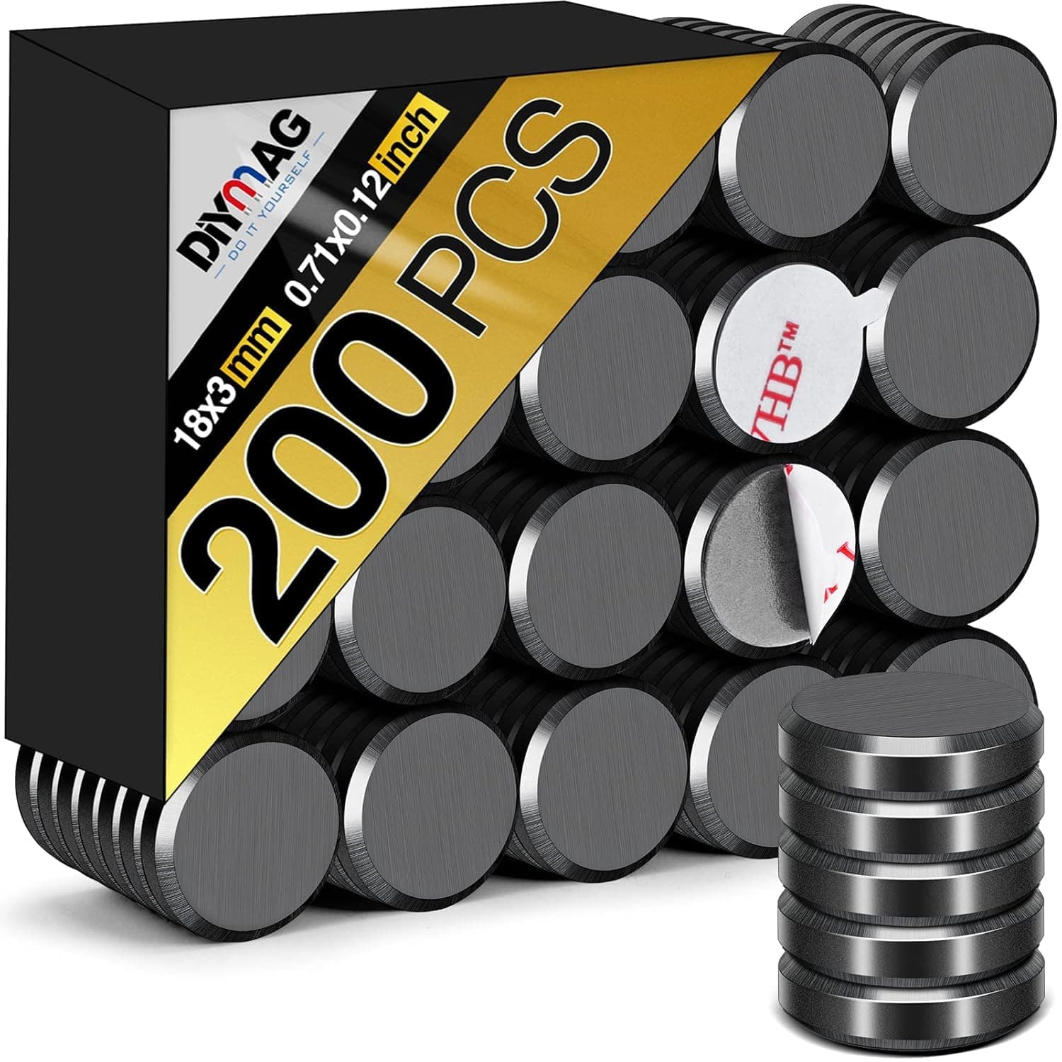 DIYMAG Powerful Ceramic Round Magnets, 200 Pack with Double-Sided Adhesive, Perfect for Fridge, DIY, Building, Scientific, Craft, and Office Use